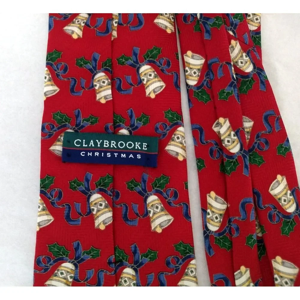CLAYBROOKE 100% Silk‎ Red Neck Tie Christmas Collection Handmade Bells & Ribbon
